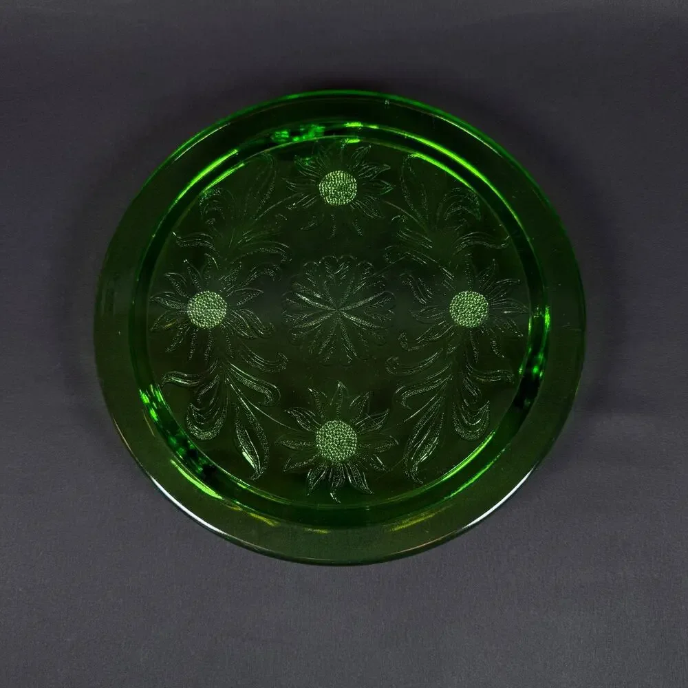 Depression Uranium Glass Flower 10'' Green Cake stand Plate vintage
